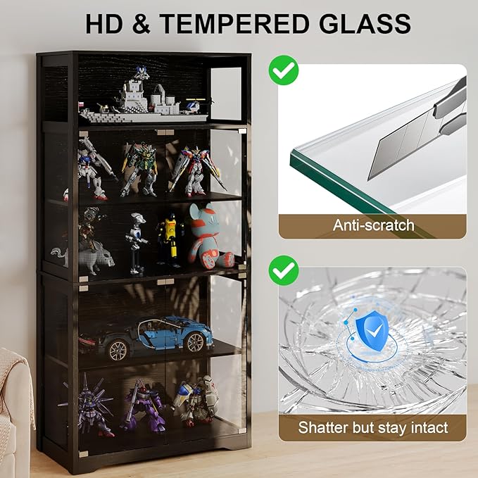 70.8" H Glass Display Cabinet - 5-Tier Curio Cabinet with RGB LED Lights for Collectibles - Large Glass Display Case with Human Body Sensor for Bedroom Living Room Office - Black