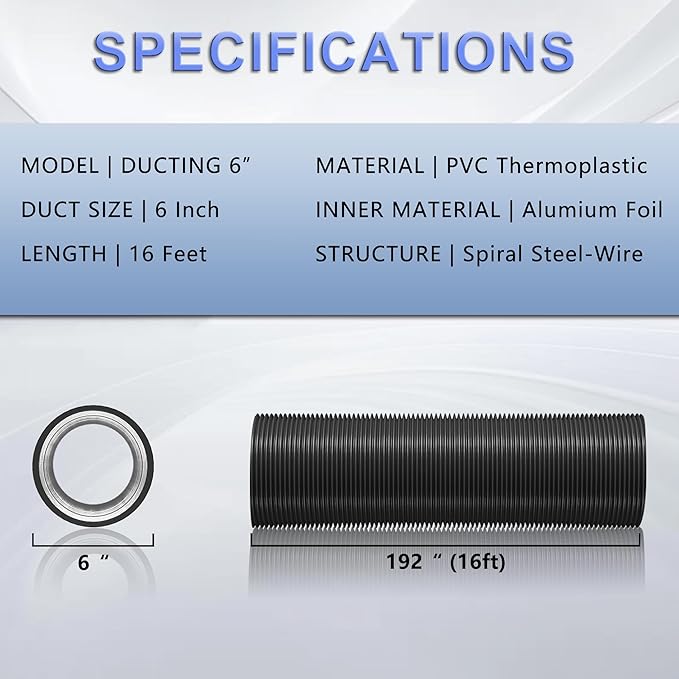 6 Inch Flexible Ducting Hose 16 Feet Black Aluminum Ducting -4 Layer Protection Dryer Vent Hose for HVAC Heating Cooling Ventilation and Exhaust, 2 Clamps Included