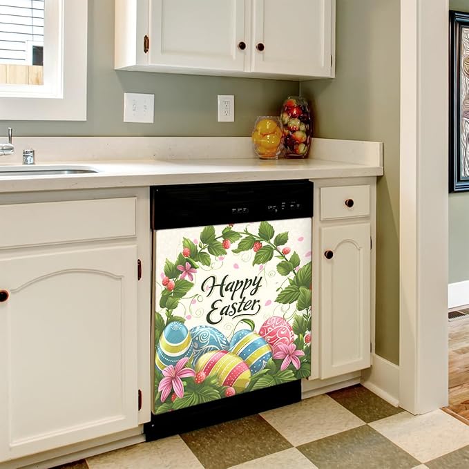 Happy Easter Eggs Flower Greens Dishwasher Magnet Cover, Reusable Refrigerator Panel Stickers Microwave Front Door Covers Magnets for Kitchen Home Appliances Holiday Party Decorations 23 X 26 in