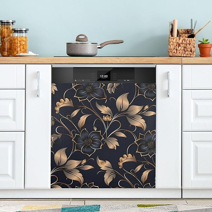 senya Dishwasher Magnet Cover Panel for The Front Dark Black Flowers Dish Washer Door Sticker Home Kitchen Decoration Refrigerator Magnet Art Decor