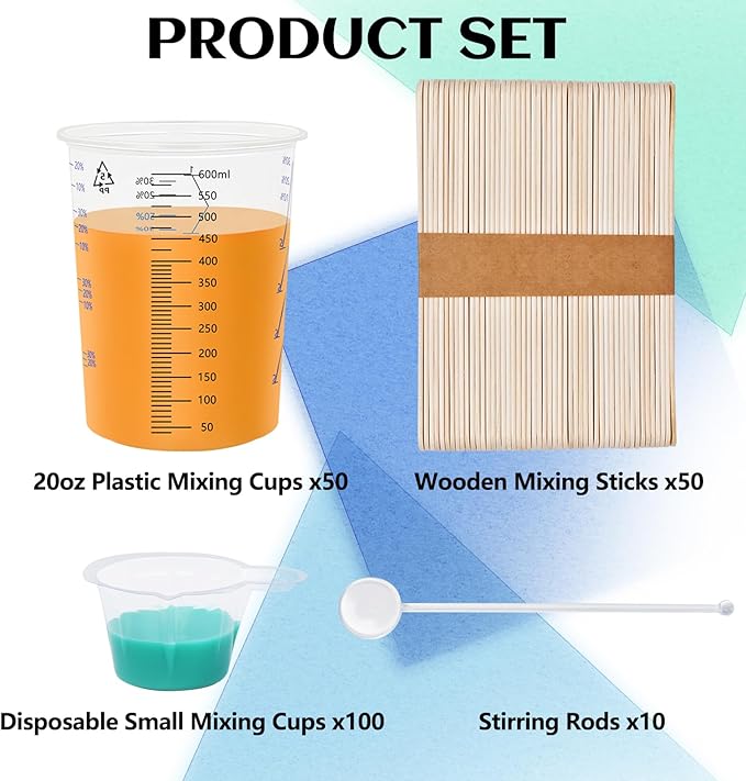 Artcome Mixing Cup Kit - 50 PC 20oz (600ml) Plastic Measuring Cups, 50 PC Wooden Mixing Sticks, 100 PC 40ml Disposable Small Cups, 10 PC Stirring Rods - Ideal for Epoxy Resin, Paint & Liquid Mixing