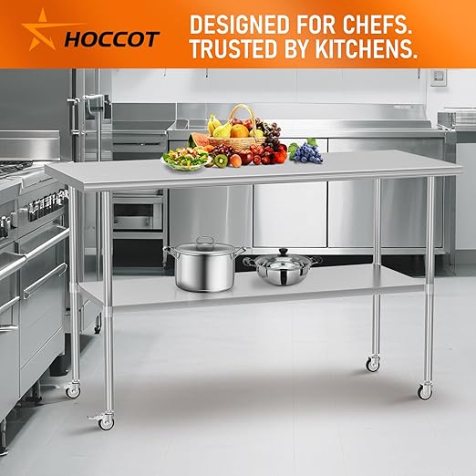 Stainless Steel Table with Wheels for Food Prep & Work 30" x 60" Utility Table with Adjustable Undershelf, Commercial Workstation in Kitchen, Garage, Outdoor BBQ
