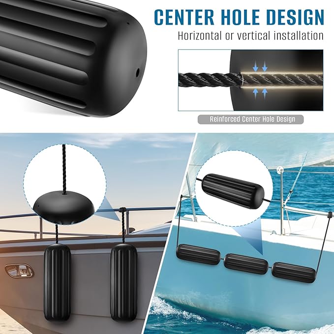 Boat Fenders 4 Pack 10 x 28 Inches Ribbed Center Hole Boat Fenders Bumpers for Docking, Comes with 4 Lines and Pump to Inflate