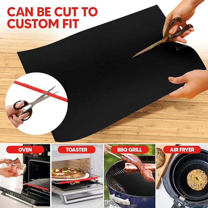 Oven Liners for Bottom of Oven Black (4-pack) Bundled with Range Rack Shield (4-pack) - Large Mat for Bottom of Range (17"x 25") and 14" Red Stove Guards for Racks - Reusable & Heat Resistant