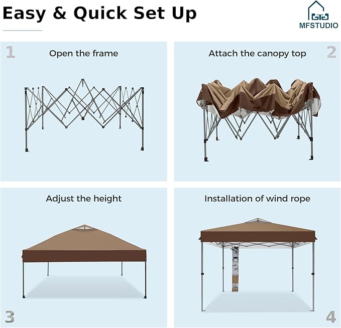 MFSTUDIO 10x10 Pop up Canopy Tent, Gazebo Shelter Sun Shade Canopies One Push Setup Portable Popup Easy Set up Tents with Vented Top,Storage,4 Sandbags,for Beach,Parties,Camping