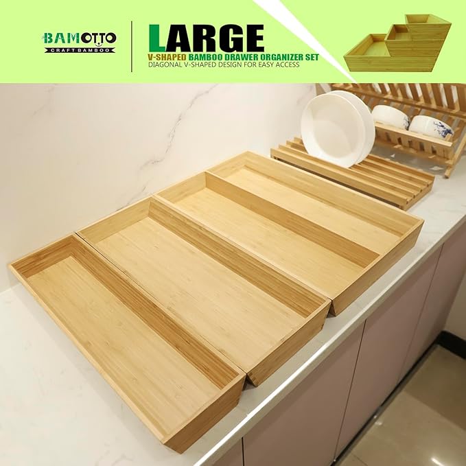 V-Shaped 3-Pack 19.6" Long Bamboo Drawer Organizer Box - Easy Reach Cutlery Tray for Flatware Silverware Utensil, Kitchen & Home Use (19.6"x5.7"/19.6"x7.8"/19.6"x12.4")