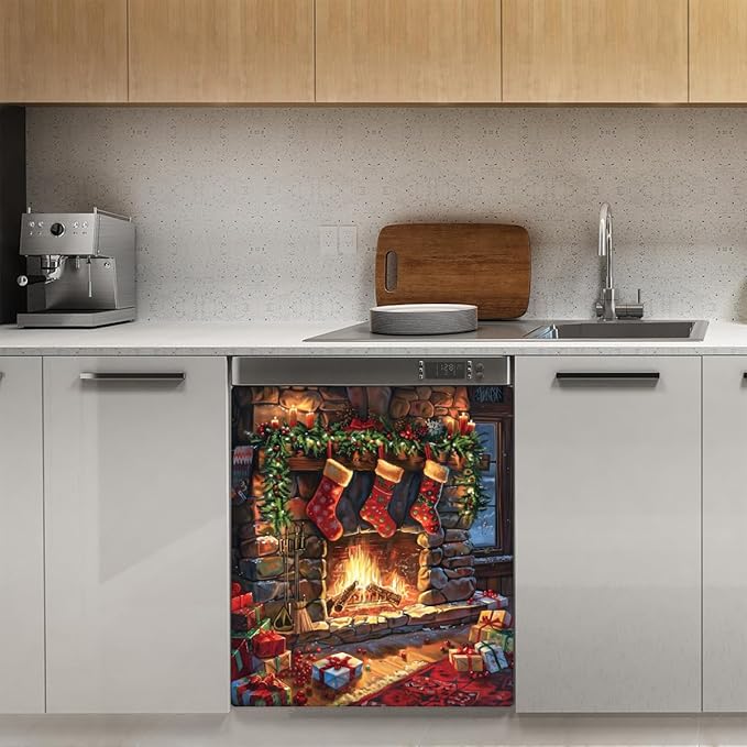 Christmas Stockings Fireplace Dishwasher Magnet Cover, Reusable Refrigerator Panel Stickers Microwave Front Door Covers Magnets for Kitchen Home Appliances Holiday Party Decorations 23 X 26 in