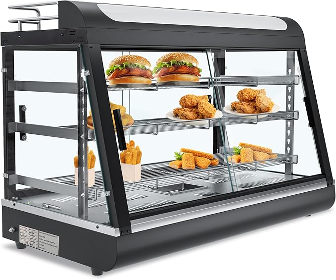 35-inch Commercial Food Warmer Display Case, 3-Tier Countertop Food Pizza Pastry Warmer with Top Rack for Pizza/Pretzel,3D Heating with LED Lighting Removable Shelves Glass Door,for Restaurant