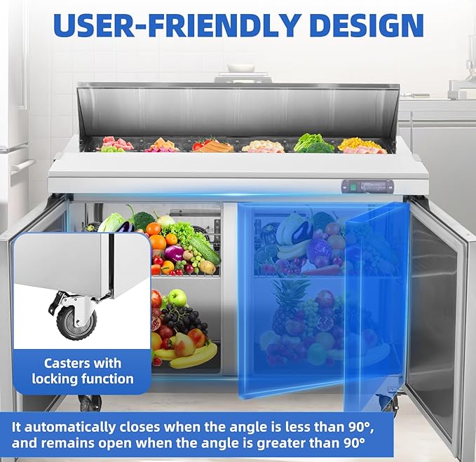 48" W Commercial Refrigerator Sandwich Salad Prep Table, Sandwich Prep Table Refrigerator, Salad Bar Buffet Station For Home with 2 Shelves, Sandwich Prep Table with 12 Pans for Restaurant