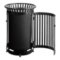 45 Gallon Commercial Black Waste Bin with Flat Lid & Door, Heavy-Duty Outdoor Trash Can Steel Slatted, Round Recycle Container, Durable Garbage Can for Parks, Municipalities, Schools, Parking
