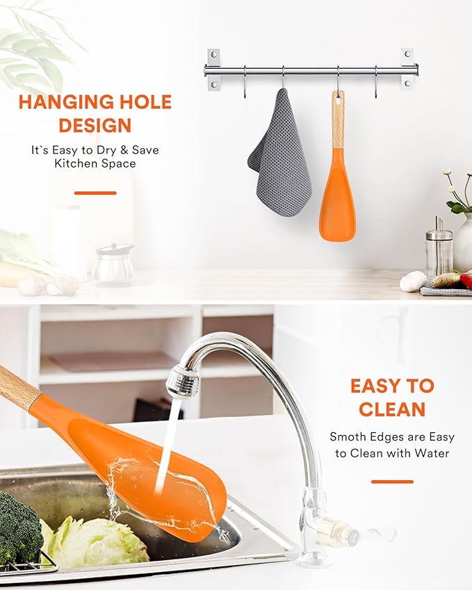 Cooking Spoon for Nonstick Cookwares, Great for Cooking and Serving Sturdy BPA-Free Matte Silicone, Wood Handle Spoon for Mixing, Scoop, and Scrape (ORANGE, 11.4 inch)