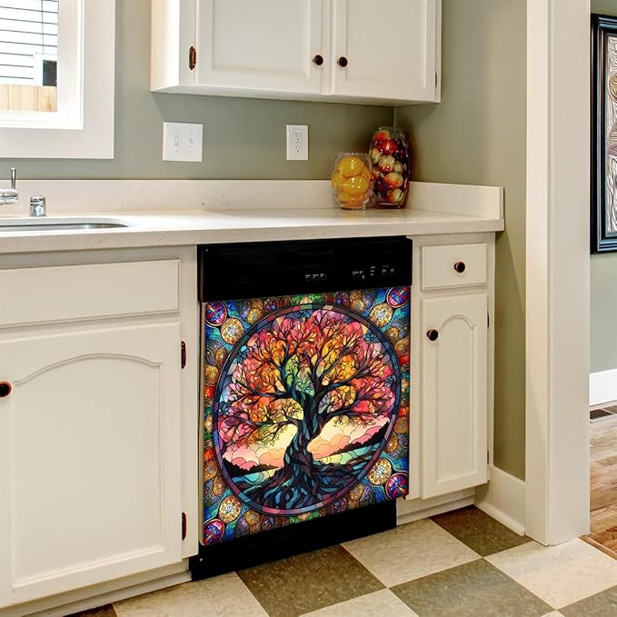 Dishwasher Magnet Cover Rainbow Tree of Life Abstract Front Dishwasher Cover Decoration Reusable Magnetic Door Cover Panel Decal Home Appliances Stickers Kitchen Refrigerator Fridge 23"x26"