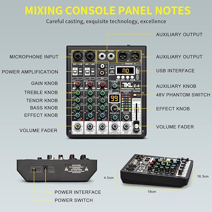 4 Channel Audio Mixer, Professional DJ Mixer Sound Board Mixing Console with 99-Bit DSP Effect, Bluetooth USB Interface Stereo Mixer Board with 48V Phantom Power For Recording Live Stream
