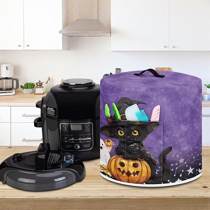 Halloween Cute Black Cat Pressure Cooker Dust Cover with Top Handle and Storage Pocket 6 Quart Air Fryer Rice Cooker Protector Covers Kitchen Appliance Decoration