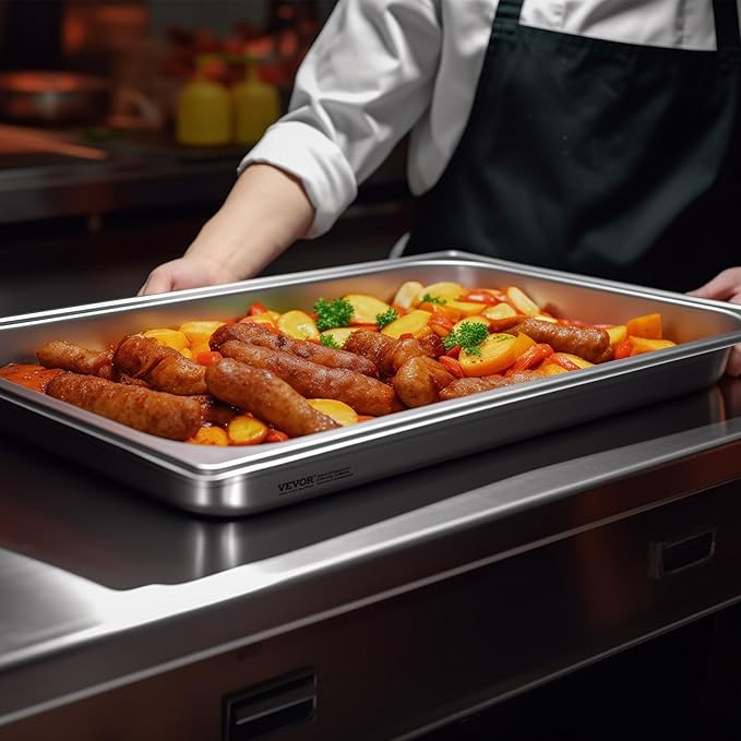 VEVOR 6 Pack Stainless Steel Hotel Pans,2.5-Inch Deep 0.8mm Thick Commercial Food Pans, Anti-Jam Catering Trays for Steam Tables, for Home, Party, Restaurant, Hotel, Buffet