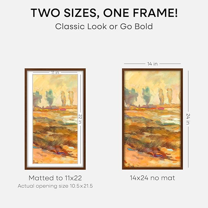 Homeforia 14x24 Picture Frame Brown, High End Dark Oak 14x24 Poster Wood Frame with Mat 11x22 for Photo, 14 x 24 Wooden Walnut Frame Matted to 11 x 22, 24x14 Frames, Tempered Glass, Wall Kit, Set of 3