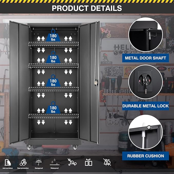 Metal Rolling Storage Cabinet-74.6” Tall Steel File Cabinets with Wheels Lockable Doors and Adjustable Shelves-Black Steel Storage Cabinet for Home, School, Office, Garage