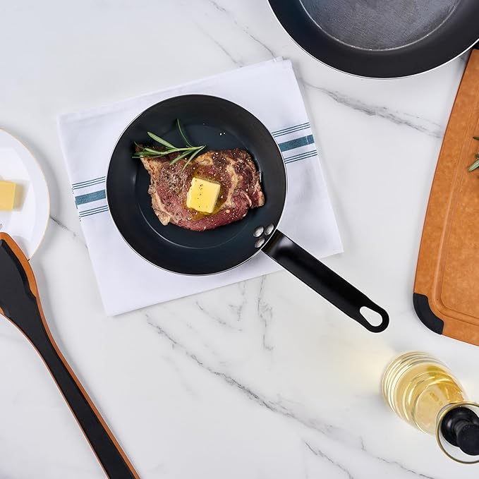 Restaurantware-Met Lux 8 Inch Fry Pan, 1 Lightweight Frying Pan - Induction-Ready, Triple-Riveted, Black Carbon Steel Cooking Skillet, Durable, For Searing, Sauteing, And Browning Food
