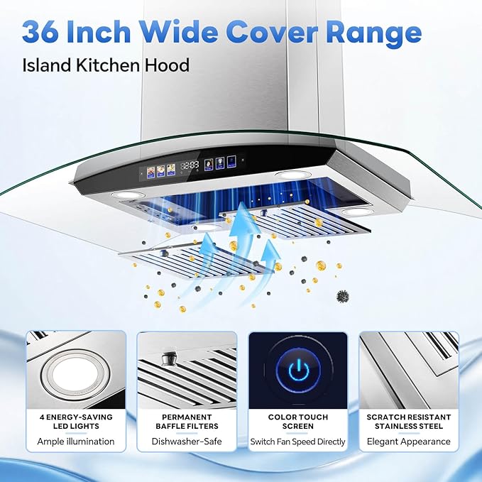 Island Range Hood 36 Inch 700 CFM, Ceiling Mount Kitchen Exhaust Hood with Gesture Sensing & Color Touch Control, Tempered Glass, 3 Speed Vent Fan, 4 LED Lights, Permanent Baffle Filters