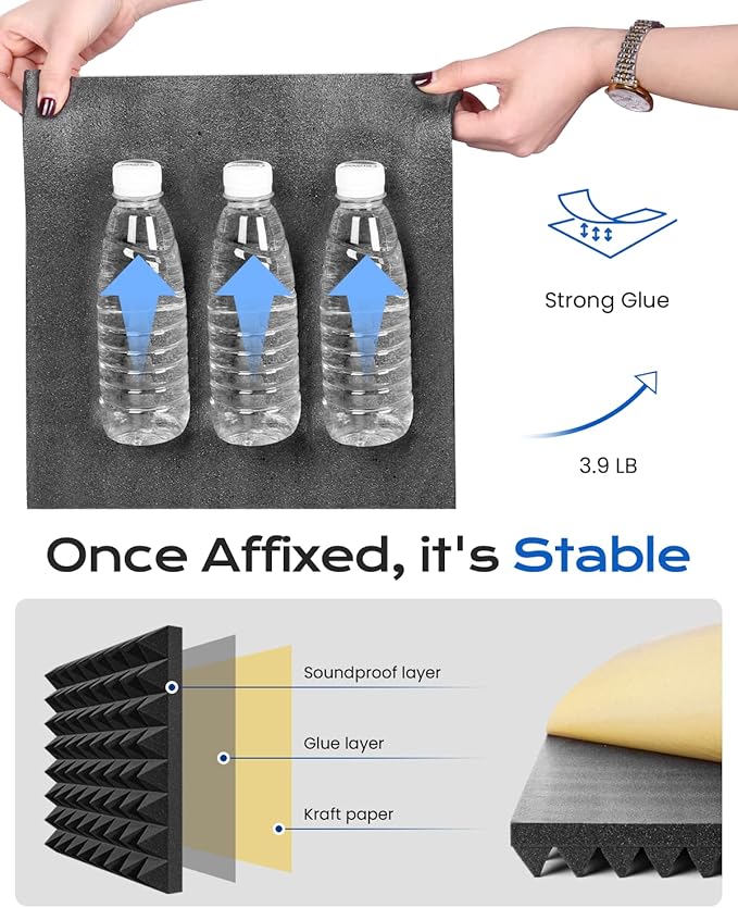 Sonicism Sound Proof Foam Panels for walls Self-Adhesive 16 Pack Pyramid 12" X 12" X 2" Acoustic Panels 35kg/m³High Density,Soundproof Wall Panels Fast Expand,Sound Absorption and Decoration,Black
