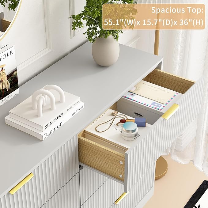 8 Drawer Dresser for Bedroom, Modern Fluted Double Dresser, 55" Wide Chest of Dressers, Wooden Beside Table for Closet, Living Room and Entryway, White