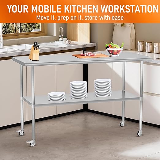 Stainless Steel Table with Wheels for Food Prep & Work 30" x 60" Utility Table with Adjustable Undershelf, Commercial Workstation in Kitchen, Garage, Outdoor BBQ
