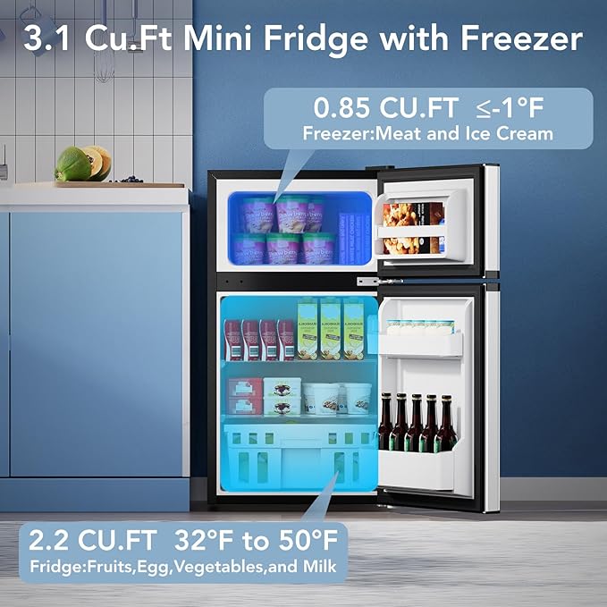 3.2 Cu.Ft Mini Fridge with Freezer, Compact Refrigerator with 2 Doors, Small Fridge with Adjustable Thermostat & Removable Glass Shelves for Bedroom, Office, Dorm, or Apartment, Silver