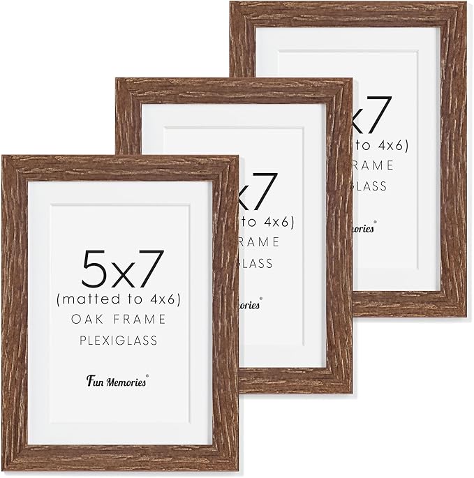 Fun Memories 5x7 Picture Frame, Solid Oak Wood 5 x 7 Frame with Plexiglass, 5 by 7 Photo Frame for Wall & Tabletop Display, 5x7 Picture Frame Matted to 4x6, Walnut Color, 3 Pack