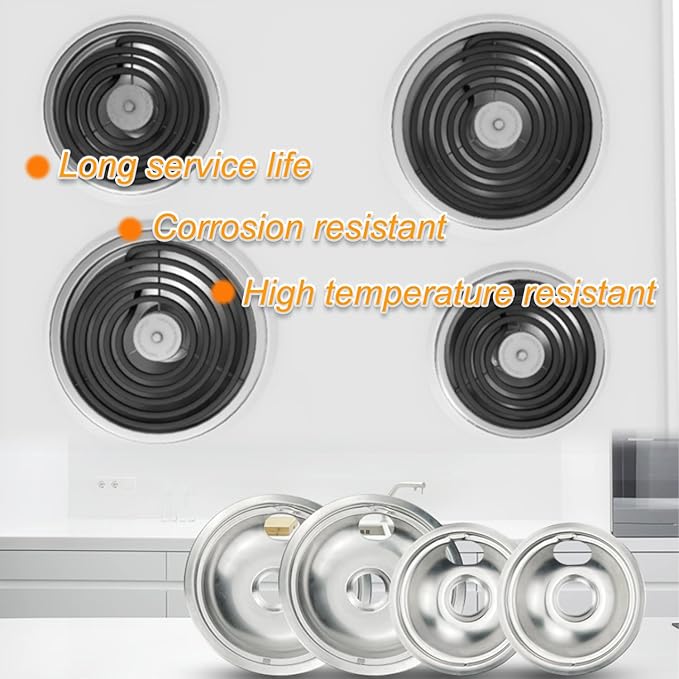 Chrome Drip Pan Stove Burner Covers, Electric Stove Burner Drip Pans for Whirlpool W10278125, 4 Pack (4x8")