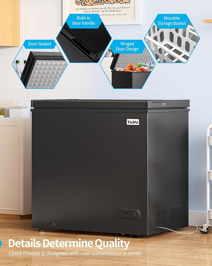 TABU 10 Cubic Feet Chest Deep Freezer, Large Freestanding Chest Freezer with 7 Level Adjustable Temperature& Removable Storage Basket, Top-opening,Energy Saving, Black