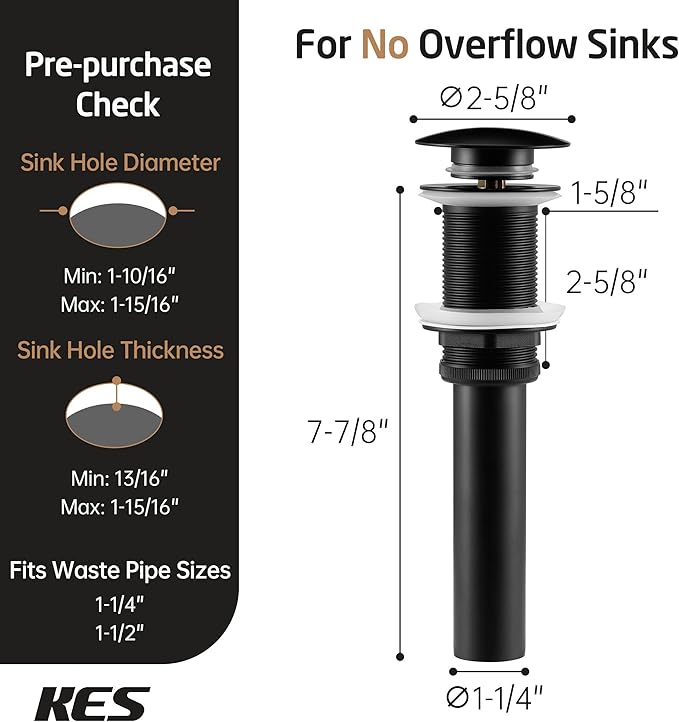 KES Black Sink Drain Without Overflow, Bathroom Sink Stopper, Pop Up Drain Vessel Sink, 2 Pack, Matte Black, All Metal Rustproof Brass and 304 Stainless Steel, for 1.6"-1.9" Sink Hole, S2008D-BK-P2
