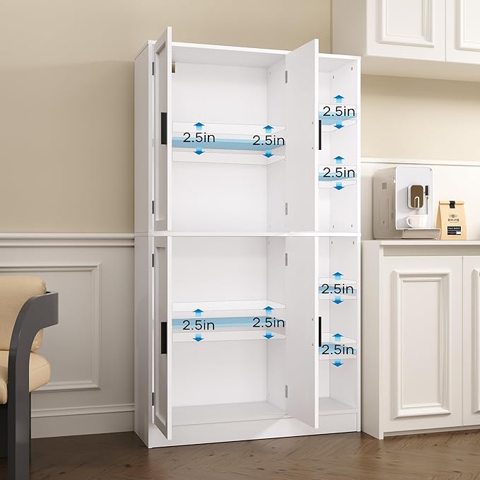 63" Tall White Kitchen Pantry, Freestanding Storage Cabinet with 4 Doors, Adjustable Shelves for Dining Room, Laundry Room