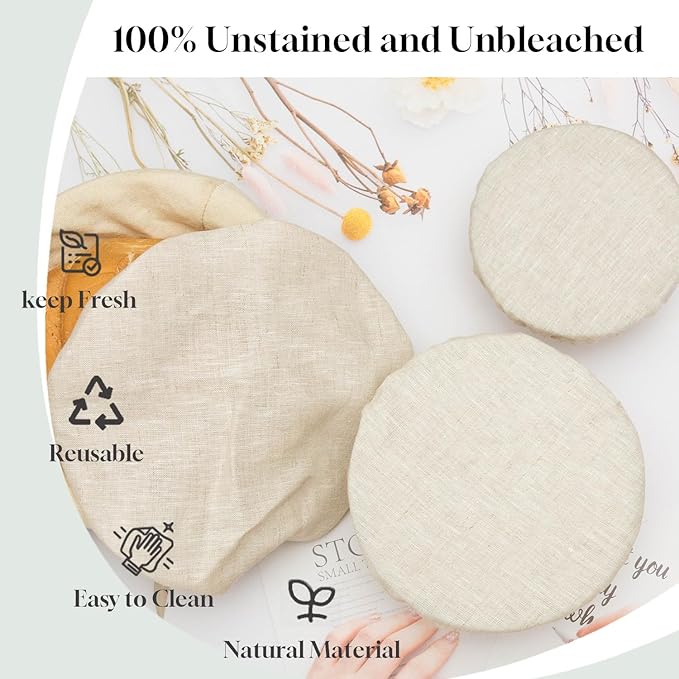 3 Pack 100% Organic Linen Bowl Cover Reusable Bread Proofing Cover,Natural Unbleached for Dough Fermentation and Storage of Fruits, Vegetables, Bread, and Other Foods
