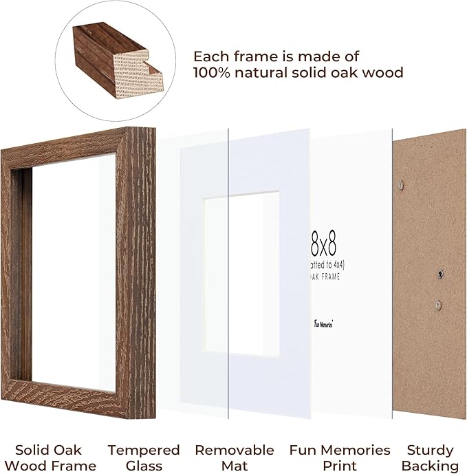 Rustic Wood 8x8 Picture Frame, Solid Oak Wood Frame 8 by 8, 8 x 8 Square Photo Frame with Tempered Real Glass, 8"x8" Picture Frame Matted to 4"x4", Squre Wood Picture Frames, Walnut Color, Set of 4