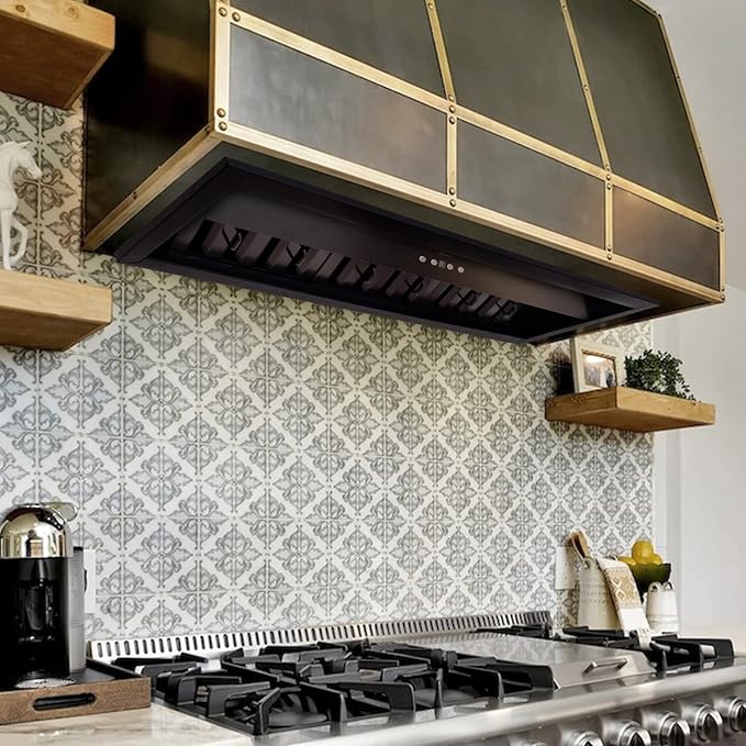 Akicon Range Hood Insert 36 Inch, Ultra Quiet, Powerful Suction Built-in Kitchen Vent Hood, Matte Black Stainless Steel Ducted Stove Hood with Dimmable LED Lights, 3-Speeds 600CFM