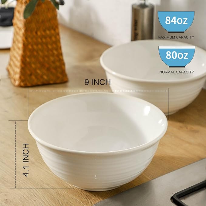 Serving Bowls Set of 2, 9 Inch Large Ceramic Mixing Bowls for Kitchen, Perfect for Salad Pasta Soup Pho Popcorn Baking Cooking, Ideal for Daily Meals Party Dinner Entertaining, Arctic White