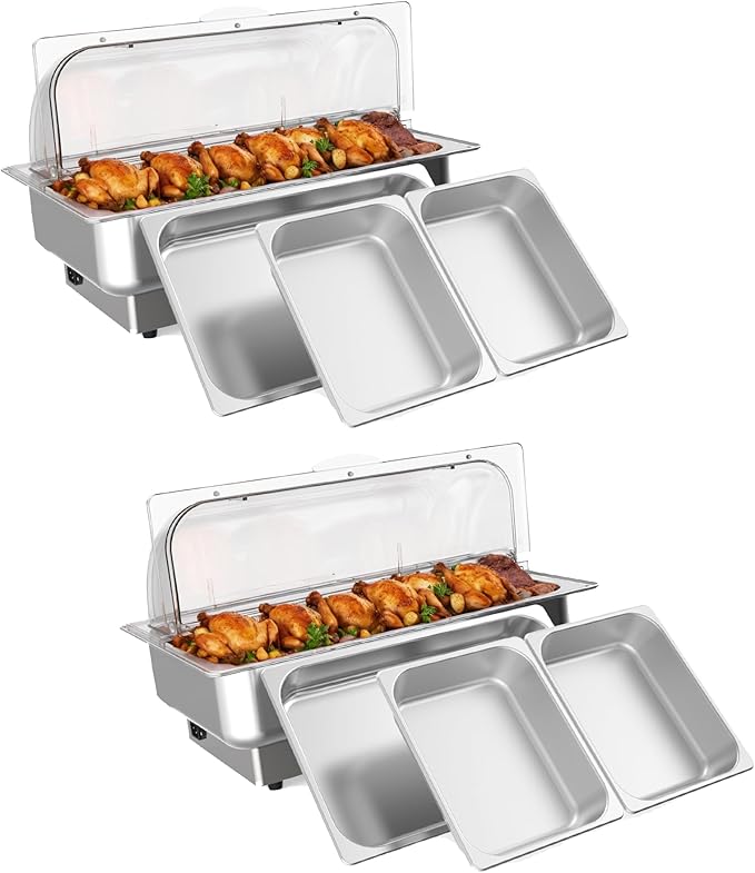2 Pack Rectangular Chafing Dish Electric Buffet Set,9QT Stainless Steel Food Servers and Warmers with 1 Full-Size Pan & 2 Half-Size Pan for Catering, Wedding and Parties