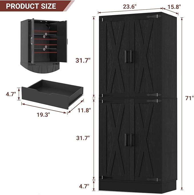 Unikito 71" Tall Kitchen Pantry Cabinet with Farmhouse Barn Doors and Storage Drawer, 4 Adjustable Shelves, Freestanding Cupboard for Kitchen, Dining Room, Living Room, Utility Room, Black