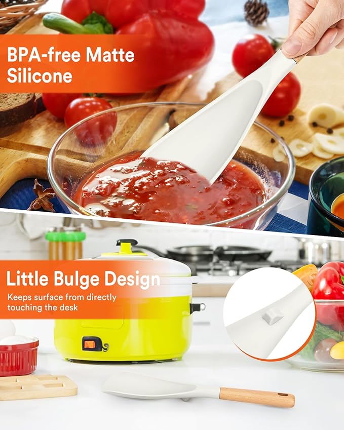 Cooking Spoon for Nonstick Cookwares, Great for Cooking and Serving Sturdy BPA-Free Matte Silicone, Wood Handle Spoon for Mixing, Scoop, and Scrape (WHITE, 11.4 inch)