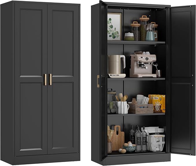 60" Kitchen Pantry Storage Cabinet,Black Tall Storage Cabinet With Doors and Shelves,Metal Food Pantry Cabinets for kitchen storage,Freestanding Cupboard for Dining Living Room,Assemble Required
