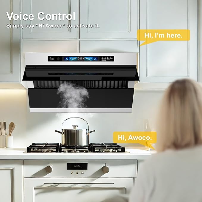 Awoco 30" Under Cabinet Range Hood, Side-Draft Design, 4 Speeds Exhaust Fan with 800 CFM, Voice, Gesture, Touch & Remote Control, 6" Vent, Dimmable LED Light Bars