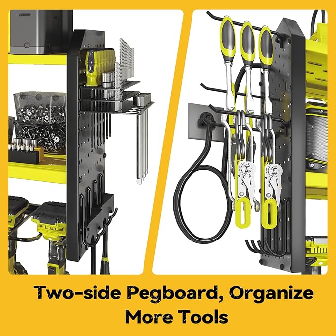 SOYEEZE Large Power Tool Organizer Wall Mount with Charging Station, 3 Layer Heavy Duty Metal Tool Storage Rack with 8 Drill Holder, Tool Holder Built in 8 Outlet Power Strip (Green)