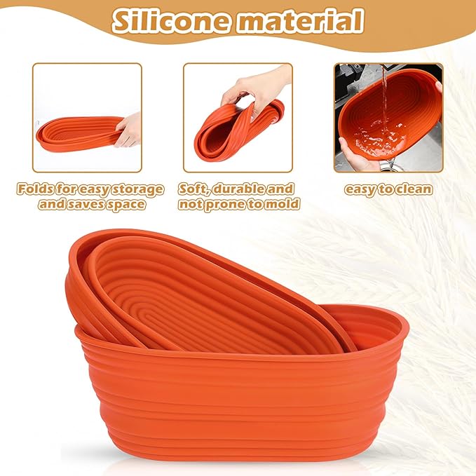 Nuogo 4 Pack Oval Bread Proofing Basket Silicone 10 Inch Collapsible Sourdough Bread Baking Supplies Dough Proofing Bowl with 4 Pcs Dough Scraper and 4 Pcs Basket Covers(Orange)