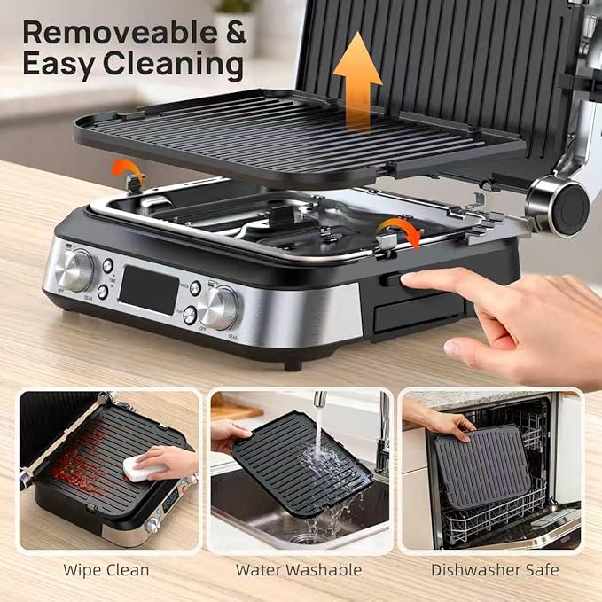 6-in-1 Griddle and Indoor Grill, 14’’ Electric Grill, For Steak, Burger, Eggs, Smokeless Pancake Griddle, Nonstick Removable 450°F Dual Adjustable Grill Plates, 90-Minute Timer, Dishwasher Safe