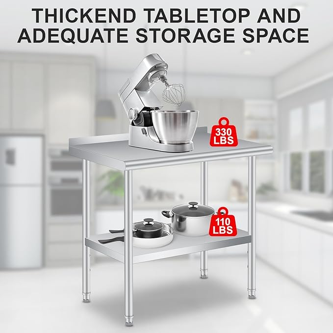 Stainless Steel Prep Table, 36 x 24 Inches, with Backsplash, Adjustable Undershelf and 4 Caster Wheels, Commercial Heavy Duty Table with Adjustable Under Shelf for Outdoor Use,Restaurants,Hotels,Works