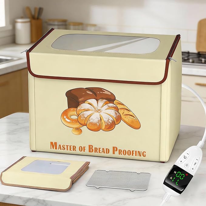 Foldable Bread Proofing Box with 3-Sided Even Heating, 68–131°F Precise Temp Control & 99H Timer, Large Capacity Sourdough & Dough Proofer for Home Baking, Pizza, Yogurt, with Metal Rack