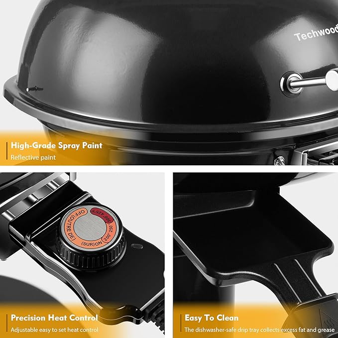 Electric Grill, Techwood Indoor/Outdoor Electric BBQ Grill, 1600W Portable Removable Stand Grill with Adjustable Heat & Drip Tray, Double Layer Design for Party, Patio & Backyard (Black)
