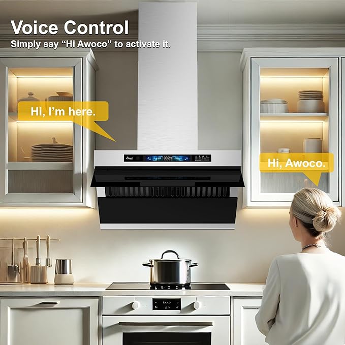 Awoco 30" Wall Mount Range Hood, Side-Draft Design, 4 Speeds Exhaust Fan with 800 CFM, Voice, Gesture, Touch & Remote Control, 6" Vent, Dimmable LED Light Bars, Adjustable Chimney up to 39"