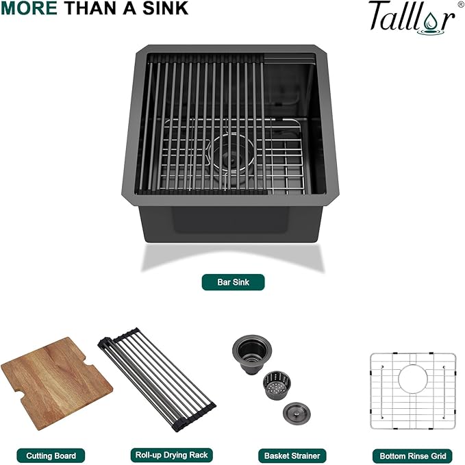 Undermount Bar Sink - 17x17 Inch Workstation Black Bar Sink Stainless Steel Small Wet Prep Sinks 16 Gauge Single Bowl Under Counter Camper Sink with Cutting Board and Assembly #TLU-0019