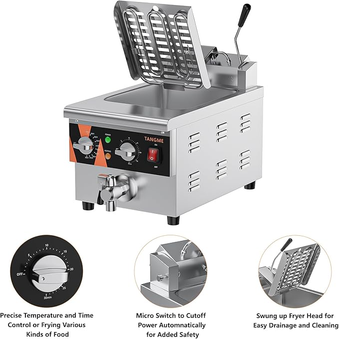 TANGME Deep Fryer with Drain Valve System, 1800w Countertop Electric Fryer 10.7Q/10L Stainless Steel Oil Fryer with Basket,Temp & Time Control